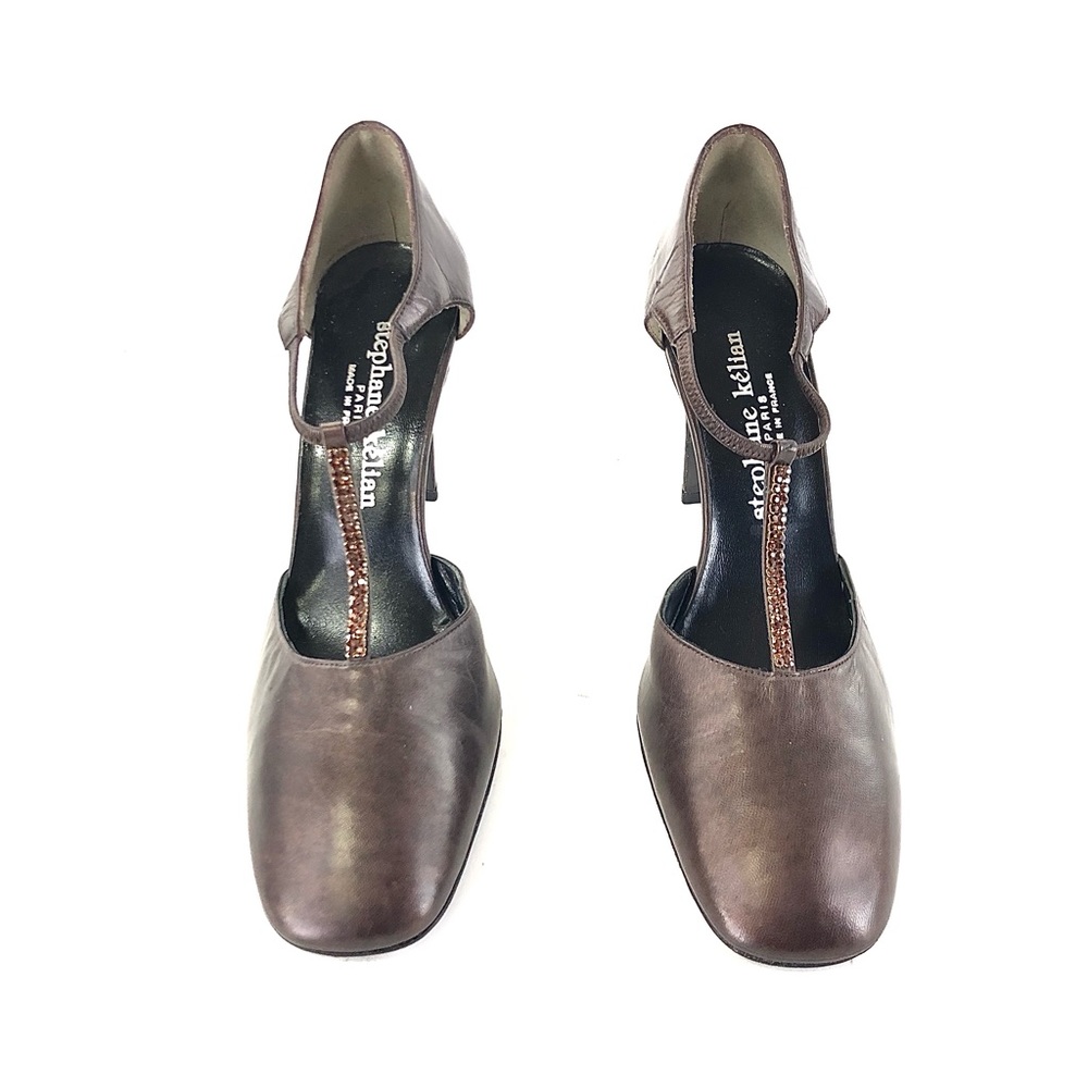 Stephane Kelian Bronze Leather Beaded T-Strap Heels - Picture 5 of 13